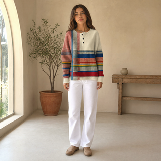 Annika | Damen Relaxed-Fit Colourblock Waffelstrick Henley Pullover