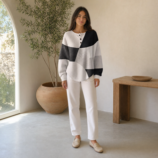 Annika | Damen Relaxed-Fit Colourblock Waffelstrick Henley Pullover
