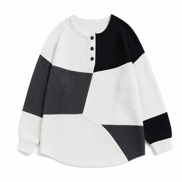 Annika | Damen Relaxed-Fit Colourblock Waffelstrick Henley Pullover