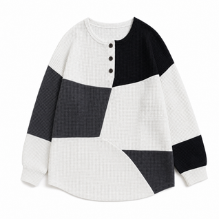 Annika | Damen Relaxed-Fit Colourblock Waffelstrick Henley Pullover