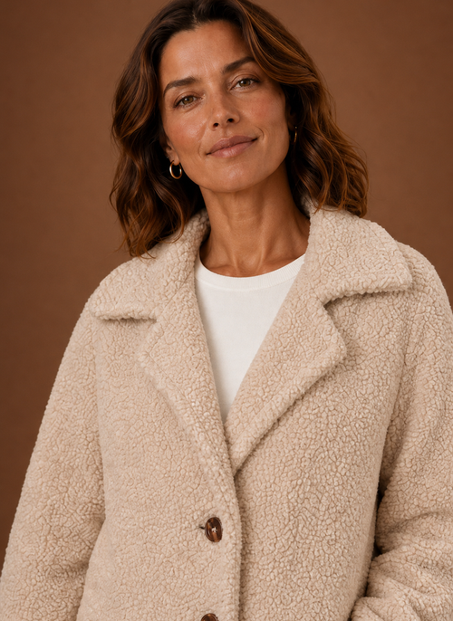 Damen Teddymantel lang mit Zweireiher