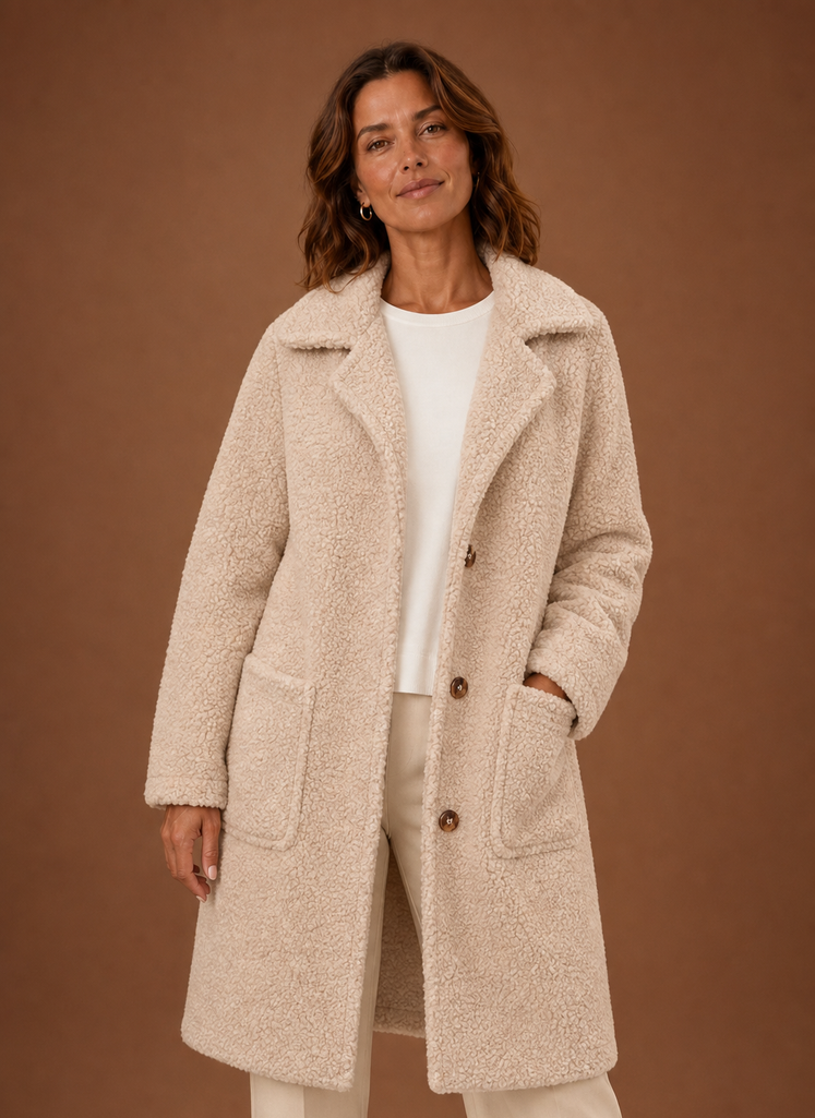 Damen Teddymantel lang mit Zweireiher