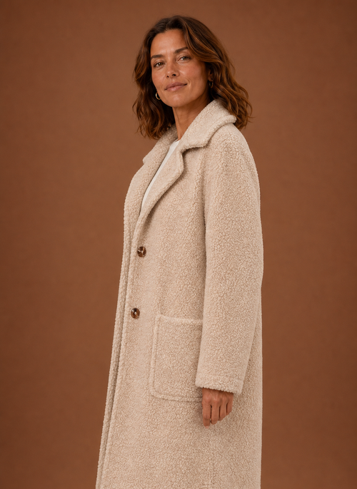 Damen Teddymantel lang mit Zweireiher