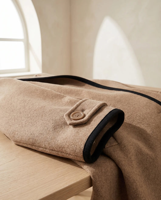 Romy Mantel lang mit Kontrastkante – Camel