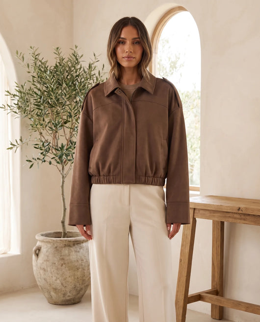 Hadley Hemdjacke in Wildlederoptik oversized – Schokobraun