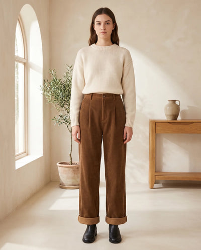 Tilda Hose weit mit hohem Bund aus Cord – Braun