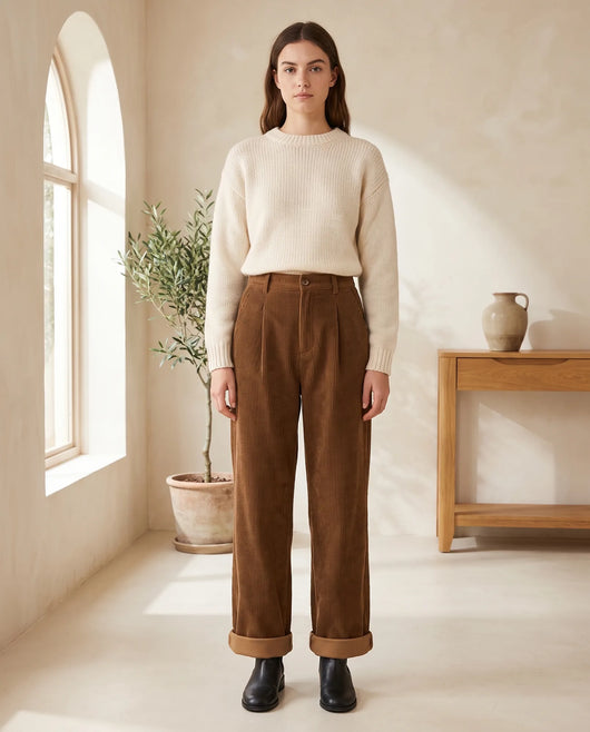 Tilda Hose weit mit hohem Bund aus Cord – Braun
