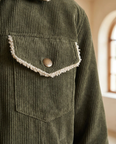 Sage Kurzjacke aus Cord mit Plüschkragen – Olivgrün