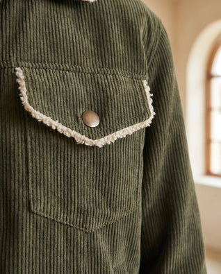 Sage Kurzjacke aus Cord mit Plüschkragen – Olivgrün