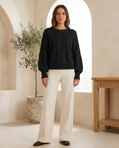 Isla Zopfstrickpullover mit Rundhals – Schwarz