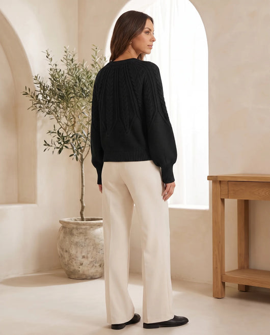 Isla Zopfstrickpullover mit Rundhals – Schwarz