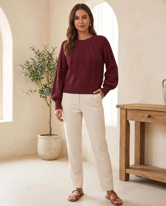 Isla Zopfstrickpullover mit Rundhals – Bordeaux