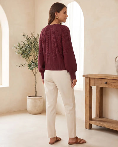 Isla Zopfstrickpullover mit Rundhals – Bordeaux