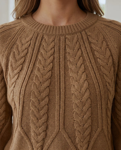Isla Zopfstrickpullover mit Rundhals – Camel