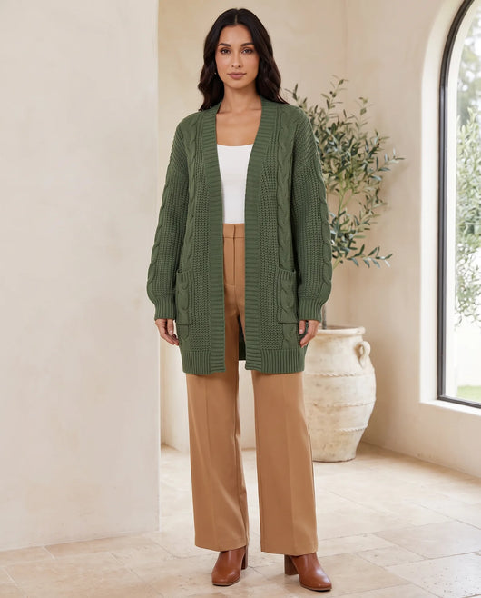 Juniper Strickjacke grobstrick mit Zopfmuster – Grün