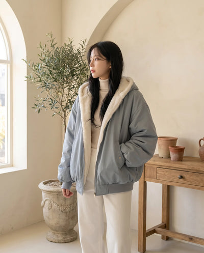 Poppy Bomberjacke oversized mit Kapuze – Rauchblau