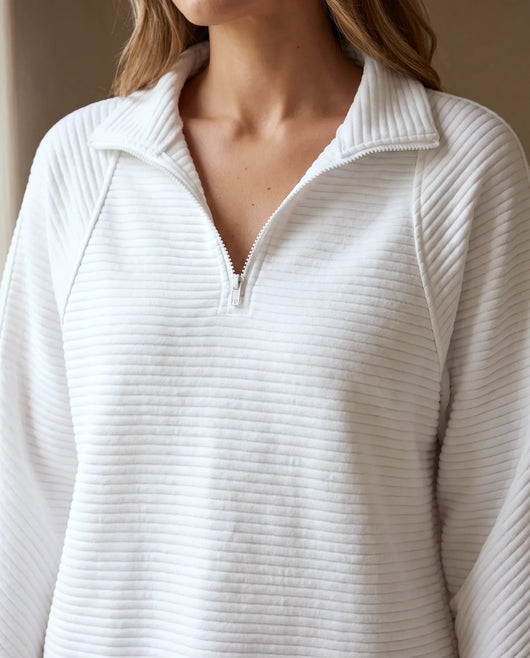 Sylvie Pullover mit Half-Zip und Stehkragen – Weiß
