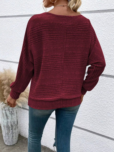 Damen geripptes Langarm-Top mit Rundhalsausschnitt