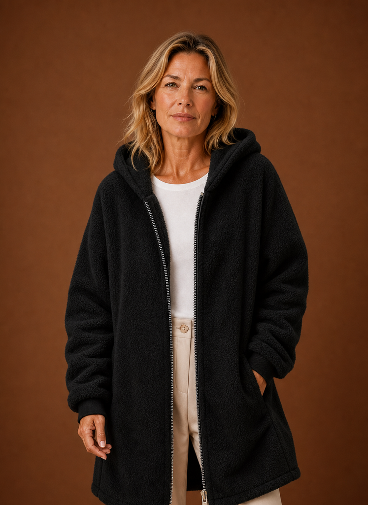 Damen Fleecejacke lang mit Kapuze