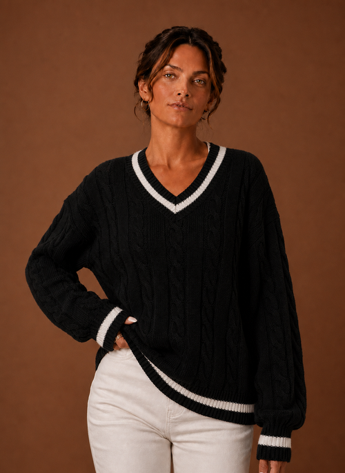 Damen Zopfstrickpullover mit V-Ausschnitt