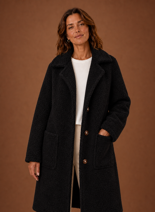 Damen Teddymantel lang mit Zweireiher
