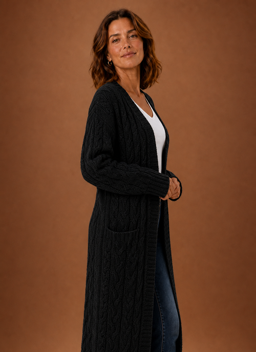 Damen Strickjacke lang mit Kapuze