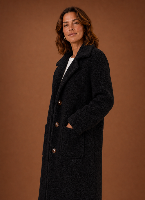 Damen Teddymantel lang mit Zweireiher