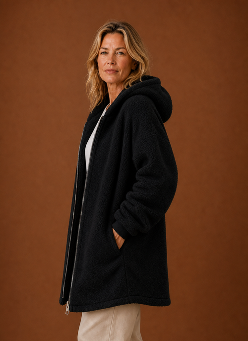 Damen Fleecejacke lang mit Kapuze