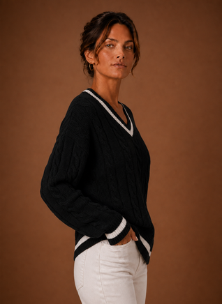 Damen Zopfstrickpullover mit V-Ausschnitt
