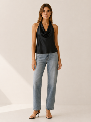 Damen Satin-Top mit Halter-Ausschnitt und offenem Rücken