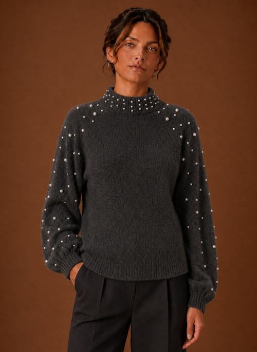 Damen Strickpullover mit Perlenbesatz