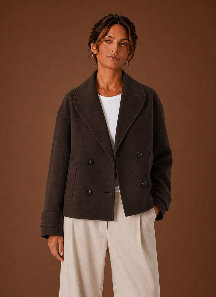 Damen Kurzmantel mit Zweireiher und breitem Revers
