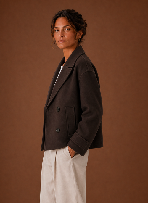 Damen Kurzmantel mit Zweireiher und breitem Revers