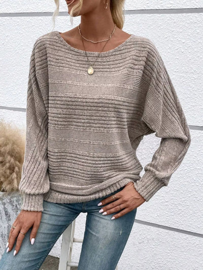 Damen geripptes Langarm-Top mit Rundhalsausschnitt