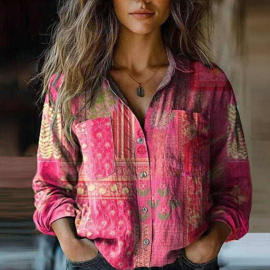 Damen Bluse mit Vintage-Print und langen Ärmeln