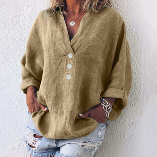 Elfriede | Damen Baumwoll-Leinen Oversized V-Ausschnitt Pullover Bluse