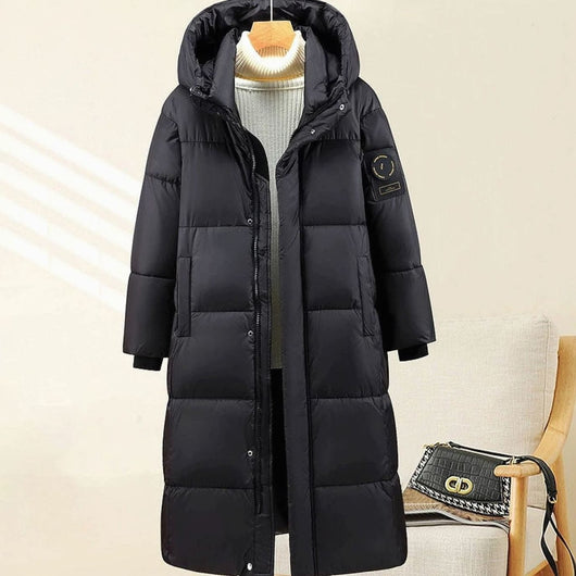 Marie | Damen Extralanges Stepp-Winterparka mit Kapuze und Rippbündchen