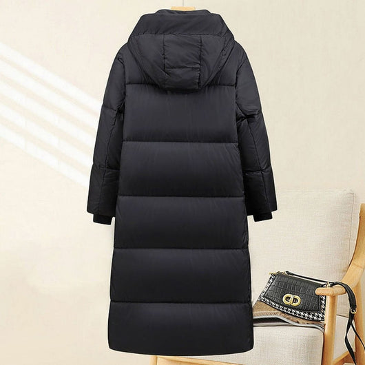 Marie | Damen Extralanges Stepp-Winterparka mit Kapuze und Rippbündchen
