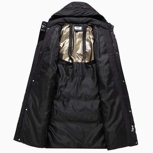 Marie | Damen Extralanges Stepp-Winterparka mit Kapuze und Rippbündchen