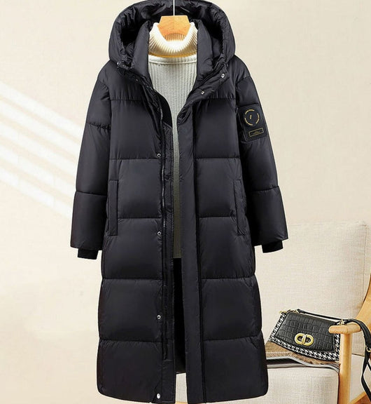 Marie | Damen Extralanges Stepp-Winterparka mit Kapuze und Rippbündchen