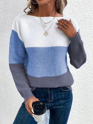 Frieda | Damen Farbblock Strickpullover Rundhals Relaxed Fit Langarm