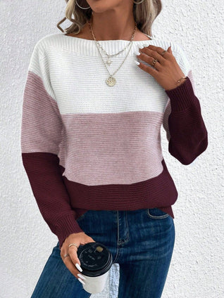 Frieda | Damen Farbblock Strickpullover Rundhals Relaxed Fit Langarm
