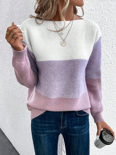 Frieda | Damen Farbblock Strickpullover Rundhals Relaxed Fit Langarm