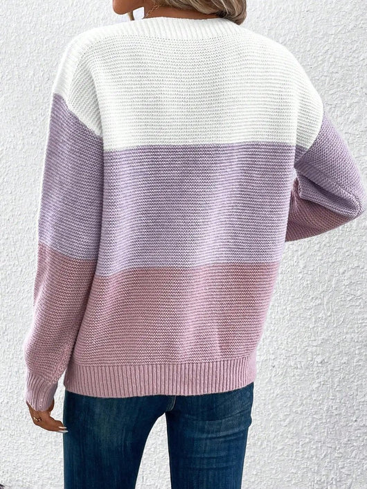 Frieda | Damen Farbblock Strickpullover Rundhals Relaxed Fit Langarm