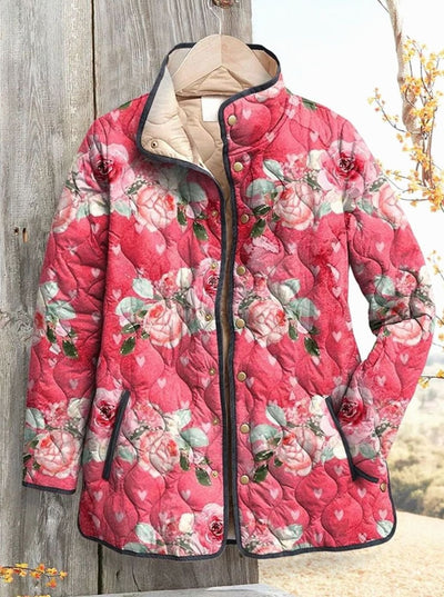 Katharina | Damen Gesteppte Blumenjacke mit Druckknöpfen und Stehkragen