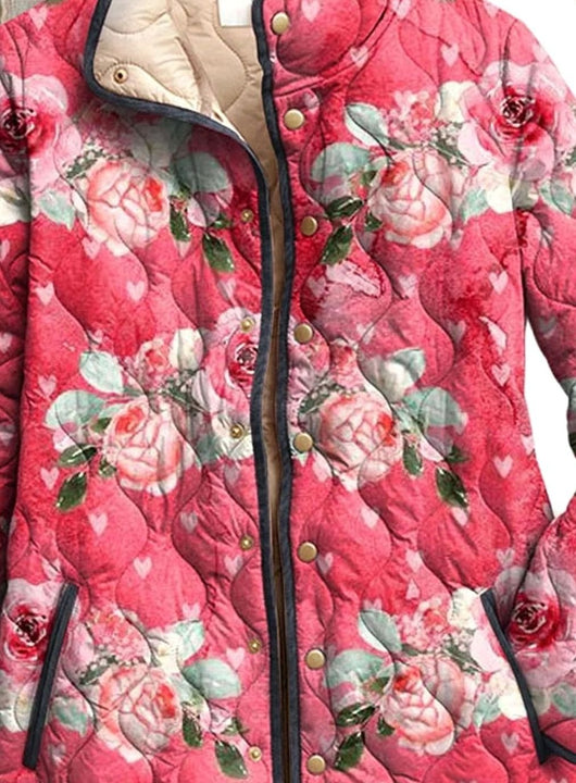 Katharina | Damen Gesteppte Blumenjacke mit Druckknöpfen und Stehkragen