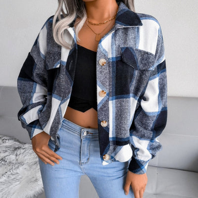 Mia | Damen Karierter Strickpullover Oversize Flanell Shacket Langarm