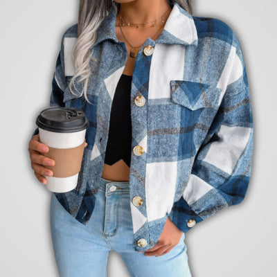 Mia | Damen Karierter Strickpullover Oversize Flanell Shacket Langarm