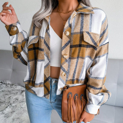 Mia | Damen Karierter Strickpullover Oversize Flanell Shacket Langarm