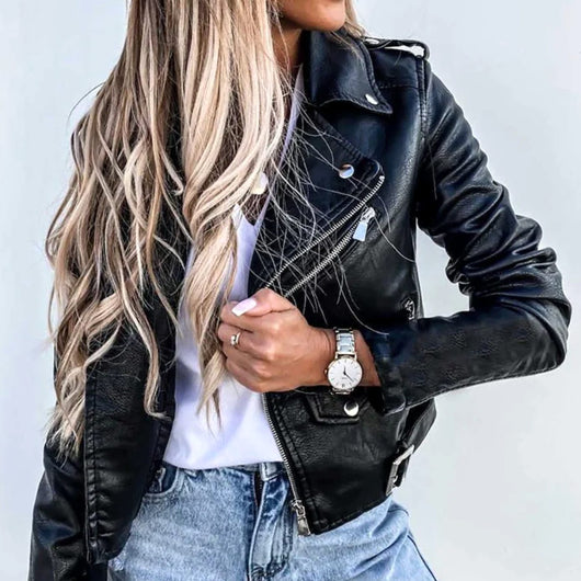 Hannah | Damen Kunstleder-Bikerjacke mit diagonalem Reißverschluss taillenlang